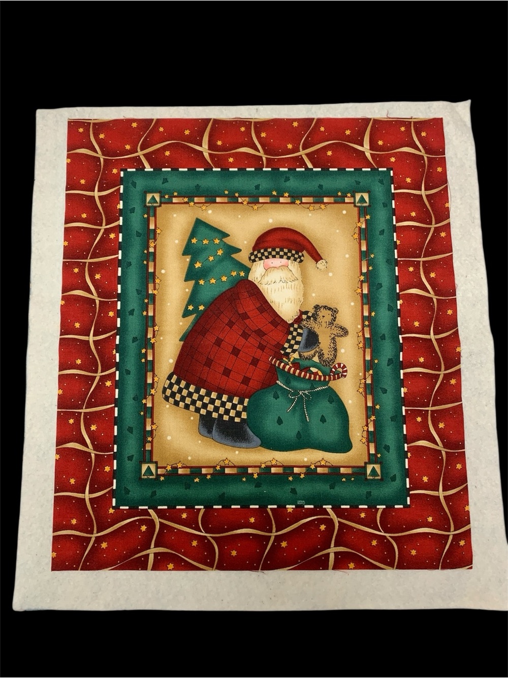 Festive Santa Holiday Single Block Fabric Panel Unfinished Red & Green 14” x 16”